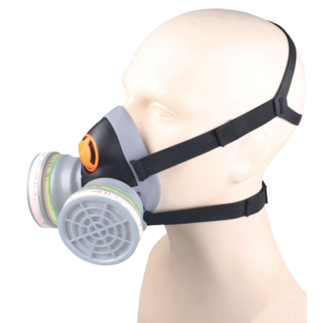 Media mascarilla reutilizable con doble cartucho, moldeada para mayor flexibilidad y buena sujeción en entornos químicos y con partículas.